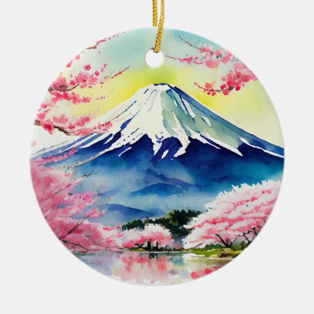 Ornamento De Cerâmica Monte Fuji Japan Watercolor (Frente)