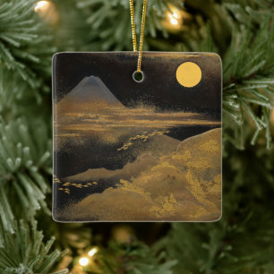 Ornamento De Cerâmica Monte Fuji na Lua - Ouro:
