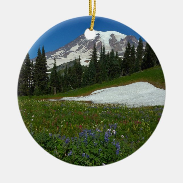 Ornamento De Cerâmica Monte Rainier, Flores Silvestres e Neve (Frente)