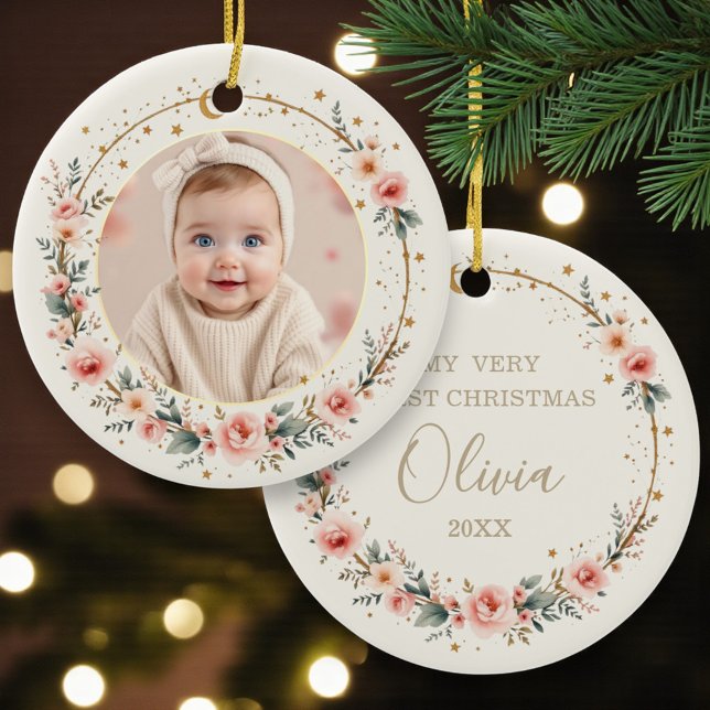 Ornamento De Cerâmica Moon and Stars Baby First Christmas Photo (Criador carregado)