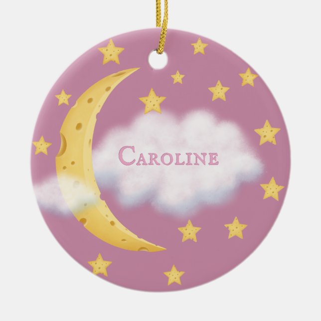 Ornamento De Cerâmica Moon Stars & Fluffy Cloud Rosa Baby Keepsaet (Frente)