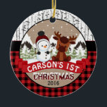 Ornamento De Cerâmica Moose e Snowman Child 1rua Natal Personalizado<br><div class="desc">Moose e Snowman Child 1rua Natal Personalizado</div>