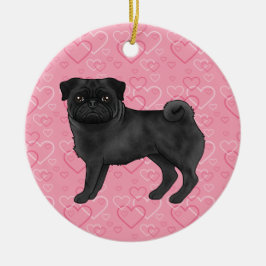 Ornamento De Cerâmica Mops Fofos de Pug Preto em Corações Rosas Memorial