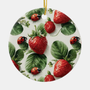 Ornamento De Cerâmica Morango de Aquarela e Ladybug Padrão Sem Costura
