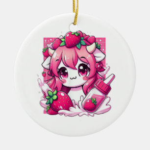 Ornamento De Cerâmica Morango Vaca Kawaii Anime Morango Leite _1