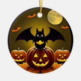 Ornamento De Cerâmica 🌕🦇 Morcego ao Luar & Abóbora Noite Assustadorame