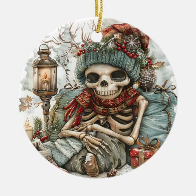 Ornamento De Cerâmica Morto Cozy - Inverno Skeleton Vibes" (Frente)