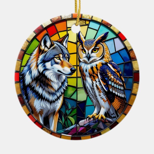 Ornamento De Cerâmica Mosaic Wolf and Owl  Art Personalized Christmas (Frente)