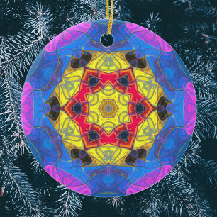 Ornamento De Cerâmica Mosaico Flor de Mandala, Cor-de-rosa, amarelo e az