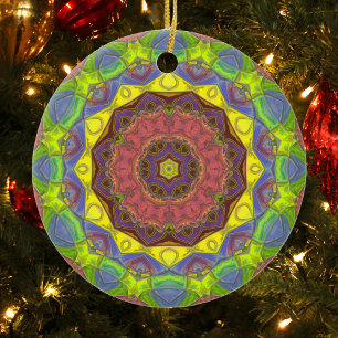 Ornamento De Cerâmica Mosaico Flor de Mandala, Cor-de-rosa, amarelo e ve