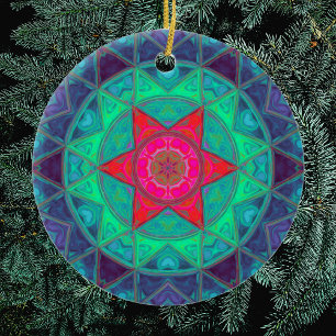 Ornamento De Cerâmica Mosaico Mandala Azul Verde e Vermelho