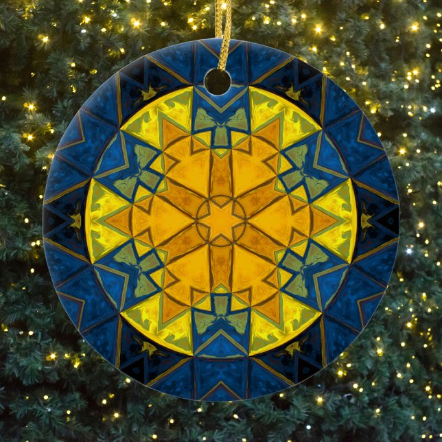 Ornamento De Cerâmica Mosaico Mandala Flor Amarelo Azul e Vermelho (Criador carregado)
