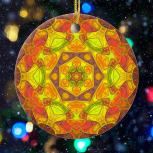 Ornamento De Cerâmica Mosaico Mandala Flor Amarelo Laranja e Roxo