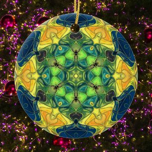 Ornamento De Cerâmica Mosaico Mandala Flor Verde Amarelo e Azul