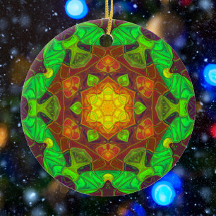 Ornamento De Cerâmica Mosaico Mandala Flor Verde Amarelo e Roxo