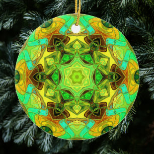 Ornamento De Cerâmica Mosaico Mandala Flor Verde Azul e Amarelo
