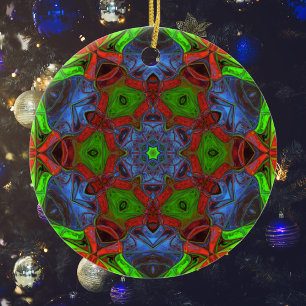 Ornamento De Cerâmica Mosaico Mandala Flor Verde Vermelho e Azul