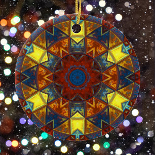 Ornamento De Cerâmica Mosaico Mandala Flor Vermelho Amarelo e Azul