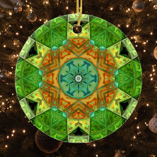 Ornamento De Cerâmica Mosaico Mandala Laranja e Verde