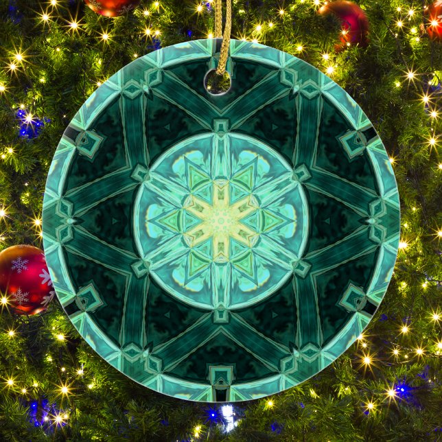 Ornamento De Cerâmica Mosaico Mandala Teal e Amarelo (Criador carregado)