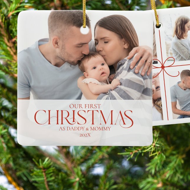 Ornamento De Cerâmica Mosaico Vermelho Nossa Primeira Foto Da Família De (Criador carregado)