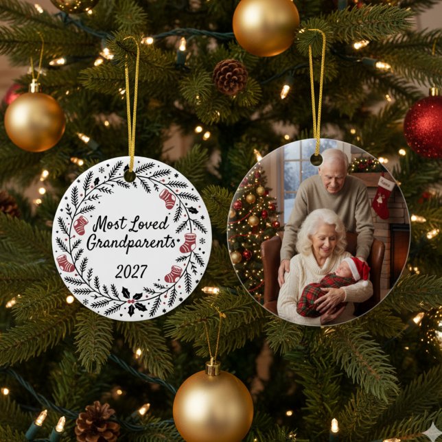 Ornamento De Cerâmica Most Loved Grandparents Christmas Round (Grandparents Holiday Photo Christmas ornament)