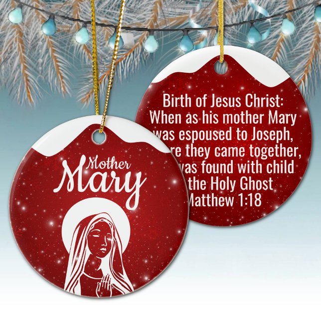 Ornamento De Cerâmica Mother Mary Matthew 1:18 Holy Ghost Passage  ⛪️ 🎄 (Customizable Mother Mary, Religious Holiday Ceramic Ornament snow capped red Christmas Ornament ✞)
