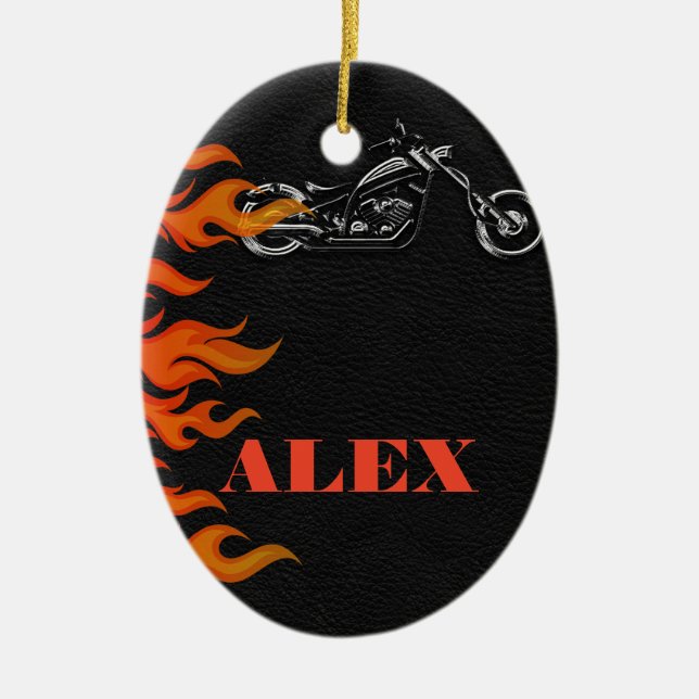 Ornamento De Cerâmica Motocicleta Black Leather & Orange Flames Biker (Frente)