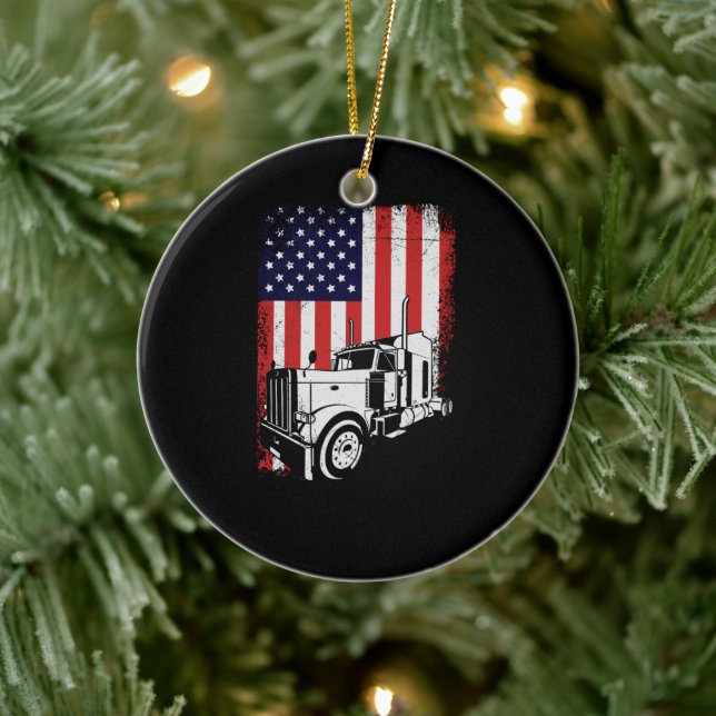 Ornamento De Cerâmica Motorista de caminhão americano Flag Trucker Gift (Árvore)