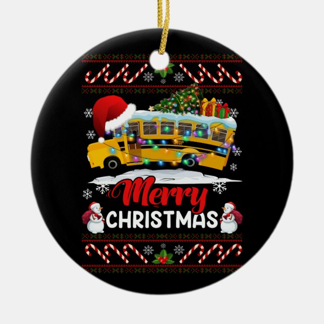 Ornamento De Cerâmica Motorista de Ônibus Escolar Luzes de Natal Feliz X (Frente)