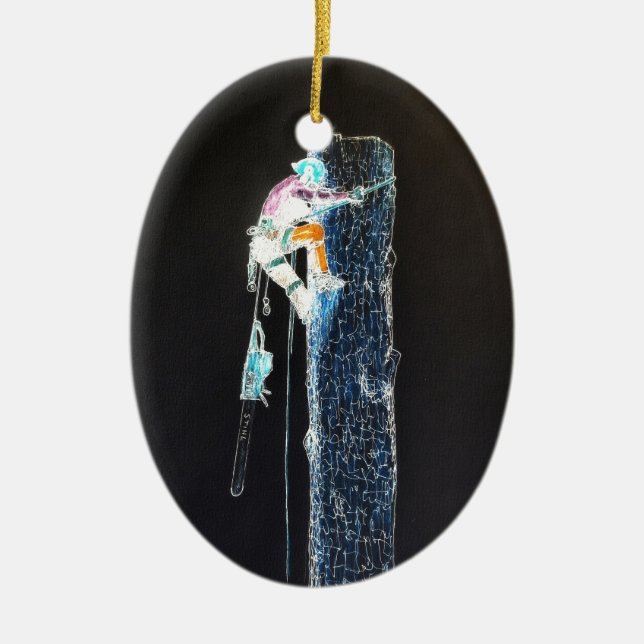 Ornamento De Cerâmica motosserra do cirurgião de árvores elétricas (Frente)