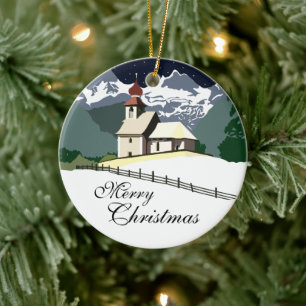Ornamento De Cerâmica Mountain Church Christmas Christmas Ornament