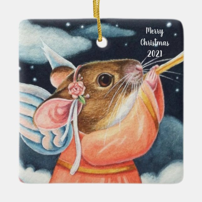Ornamento De Cerâmica Mouse Anjo de Natal e Arte Aquática de Trompete (Frente)