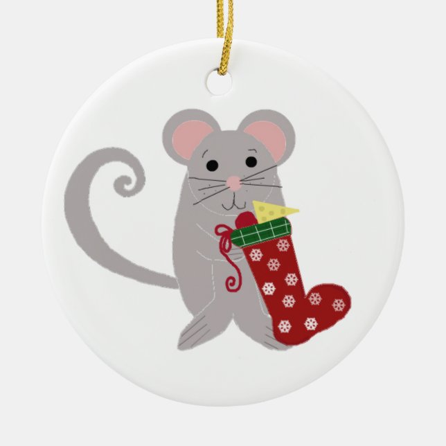 Ornamento De Cerâmica Mouse Feriado com Reboque Vermelho (Frente)