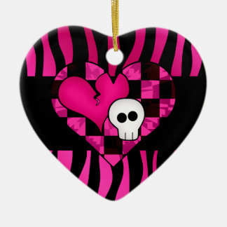 Ornamento De Cerâmica Muito fofo, gótico-punho-zebra coração fuschia crâ