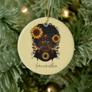 Ornamento De Cerâmica Mulher Afro Rainha Sunflower