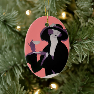 Ornamento De Cerâmica Mulher Art Déco Vintage, Chá da Tarde e Cupcake