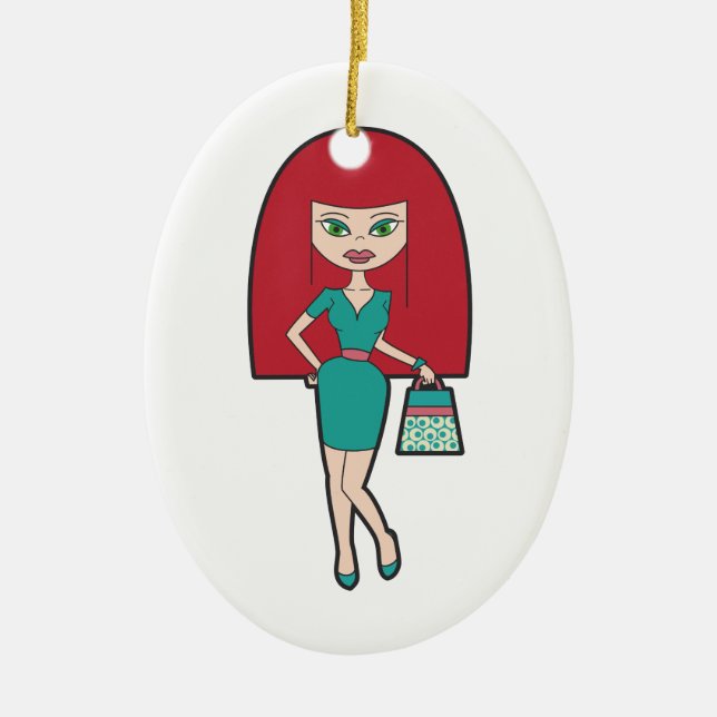 Ornamento De Cerâmica Mulher bonito com bolsa retro (Frente)