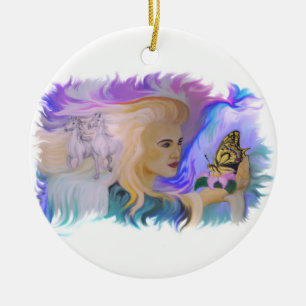 Ornamento De Cerâmica Mulher com borboleta e cavalo