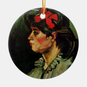Ornamento De Cerâmica Mulher com retrato de fita vermelha por Vincent va