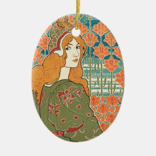 Ornamento De Cerâmica Mulher de Cabelo Vermelho Lírios Laranja Impressão