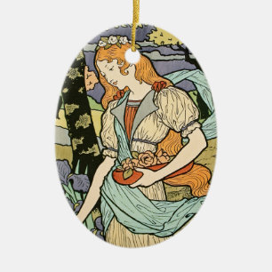 Ornamento De Cerâmica Mulher de Cabelos Vermelhos Colhendo Flores Art No