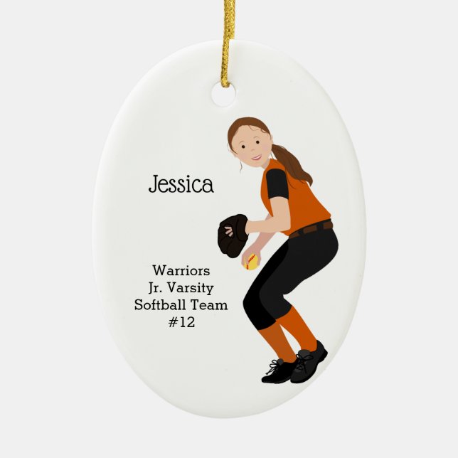 Ornamento De Cerâmica Mulher de Softball Brunette Orange & Black (Frente)