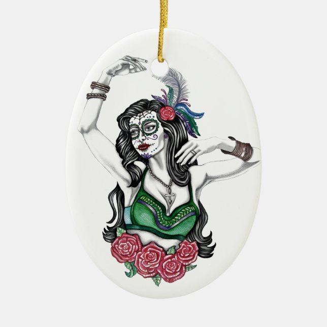 Ornamento De Cerâmica Mulher do crânio de açúcar com Rosas (Frente)