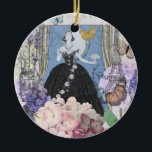 Ornamento De Cerâmica Mulher Elegante Azul Vestido Floral Chique<br><div class="desc">Um rico tema da era vitoriana,  uma colagem que inclui a ilustração de moda de George Barbier dos anos 1920,  e colada junto com imagens vitorianas,  incluindo flores,  borboletas,  a Torre Eiffel e um fundo de William Morris.</div>
