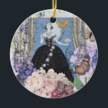Ornamento De Cerâmica Mulher Elegante Azul Vestido Floral Chique<br><div class="desc">Um rico tema da era vitoriana,  uma colagem que inclui a ilustração de moda de George Barbier dos anos 1920,  e colada junto com imagens vitorianas,  incluindo flores,  borboletas,  a Torre Eiffel e um fundo de William Morris.</div>