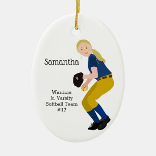Ornamento De Cerâmica Mulher Loura Dourada e Azul Softball