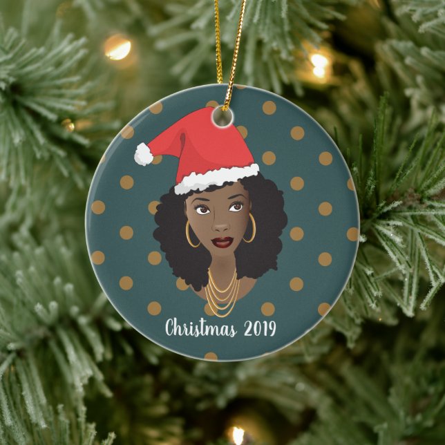 Ornamento De Cerâmica Mulher Negra, Chapéu Natal, Teal Bolinhas (Árvore)