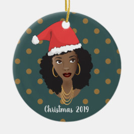 Ornamento De Cerâmica Mulher Negra, Chapéu Natal, Teal Bolinhas