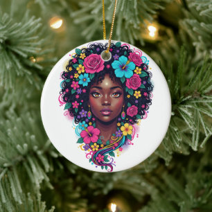 Ornamento De Cerâmica Mulher Preta Profunda Com Afro Adornado por Flor B
